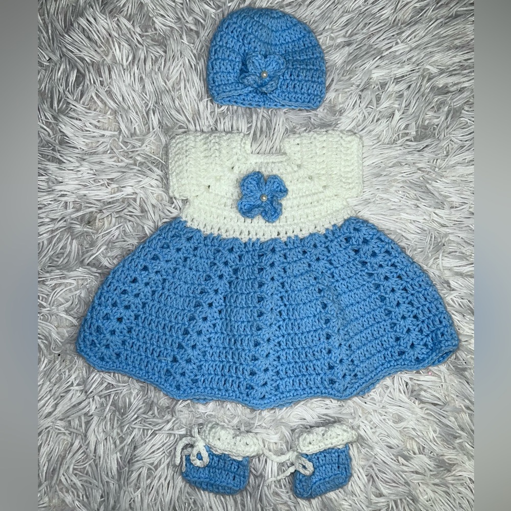 Hand made crochet baby dress with matching shoes and hat !
